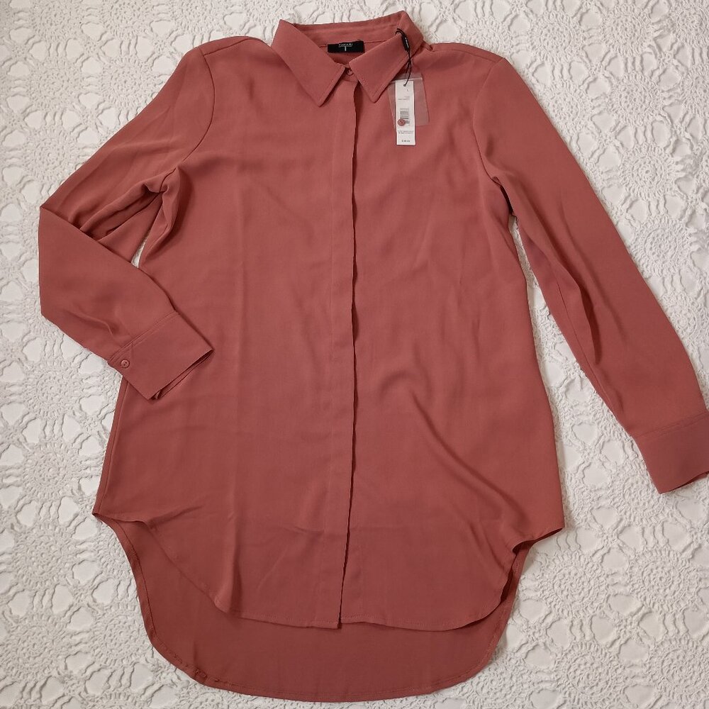 New Tahari Button Blouse Shirt Teracotta Long Sleeve Point Collar Large Women L